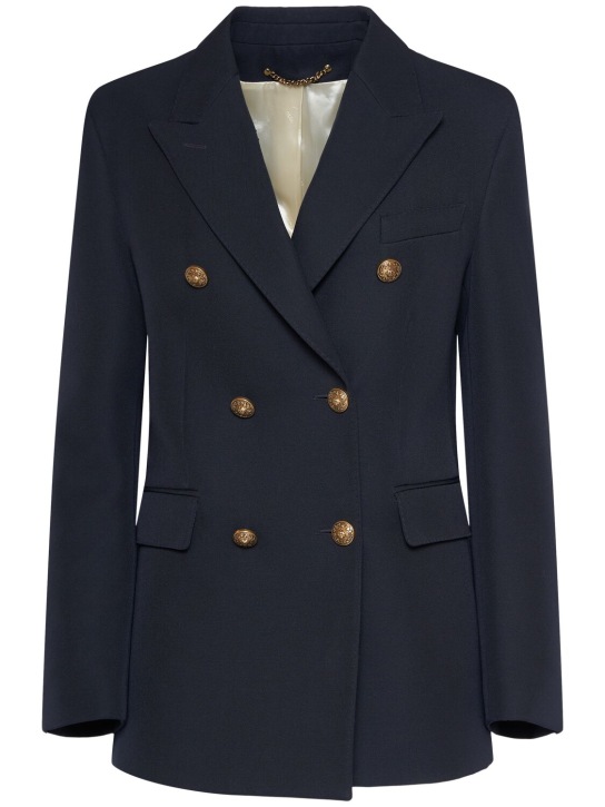 Golden Goose: Blazer doppiopetto Golden in misto lana - Blu Scuro - women_0 | Luisa Via Roma