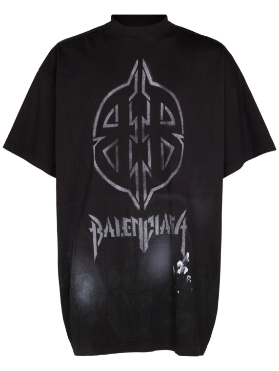 Balenciaga: Metal Bb 스텐실 빈티지 코튼 티셔츠 - 연한 블랙 - men_0 | Luisa Via Roma