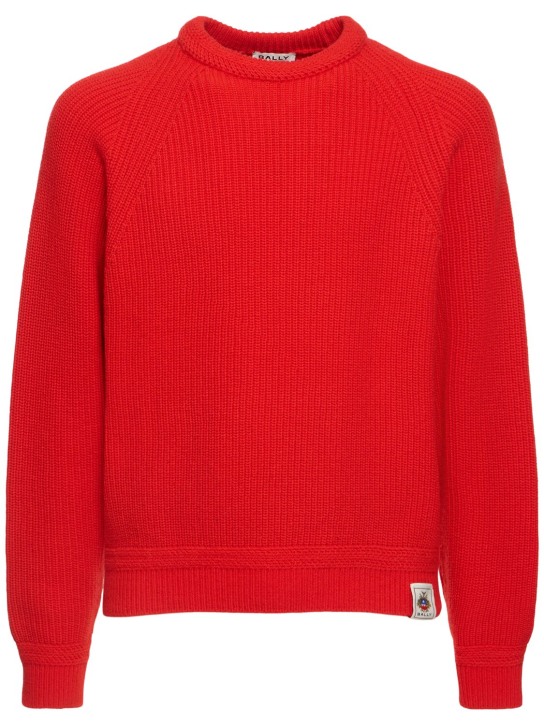 Bally: Pull-over à col rond en maille de laine - Candy Red 50 - men_0 | Luisa Via Roma