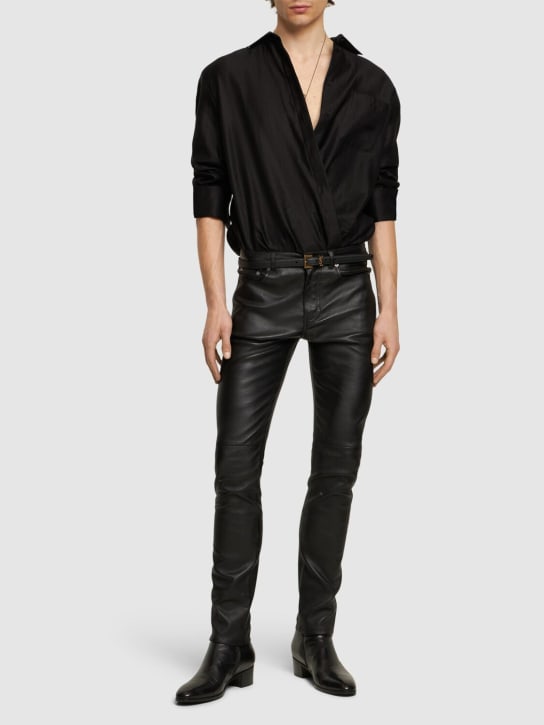 Saint Laurent: 15.5cm skinny leather pants - Siyah - men_1 | Luisa Via Roma