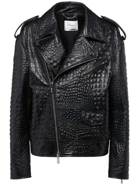 Blumarine: Croc embossed leather biker jacket - Black - women_0 | Luisa Via Roma