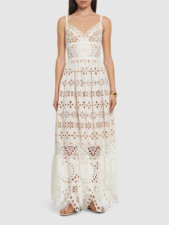 Elie Saab: Embroidered cotton & silk long dress - Beyaz - women_1 | Luisa Via Roma