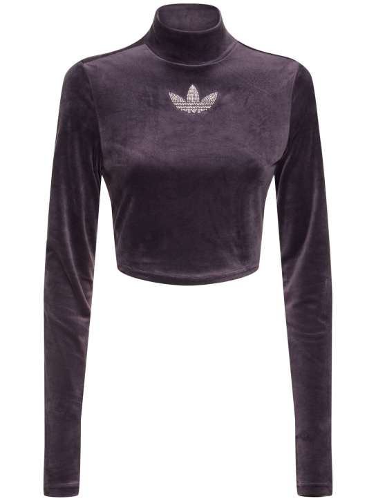 adidas Originals: Rhinestone Trefoil velvet crop t-shirt - women_0 | Luisa Via Roma