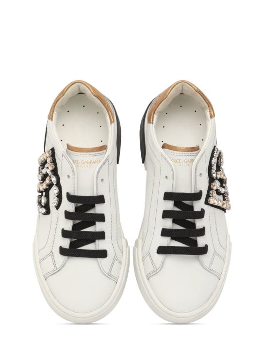 Dolce&Gabbana: Sneakers in pelle con logo decorato - Bianco/Oro - kids-girls_1 | Luisa Via Roma