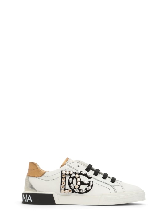 Dolce&Gabbana: Sneakers de piel con logo - Blanco/Oro - kids-girls_0 | Luisa Via Roma