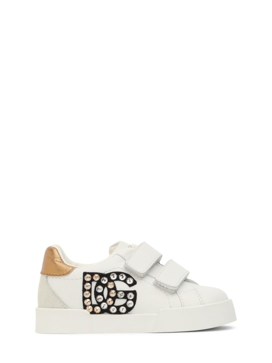 Dolce&Gabbana: Logo装饰皮革运动鞋 - 白色/金色 - kids-girls_0 | Luisa Via Roma