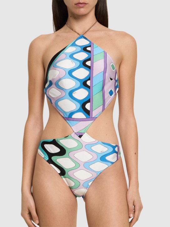 Pucci: Shiny lycra one piece swimsuit - Mavi/Beyaz - women_1 | Luisa Via Roma