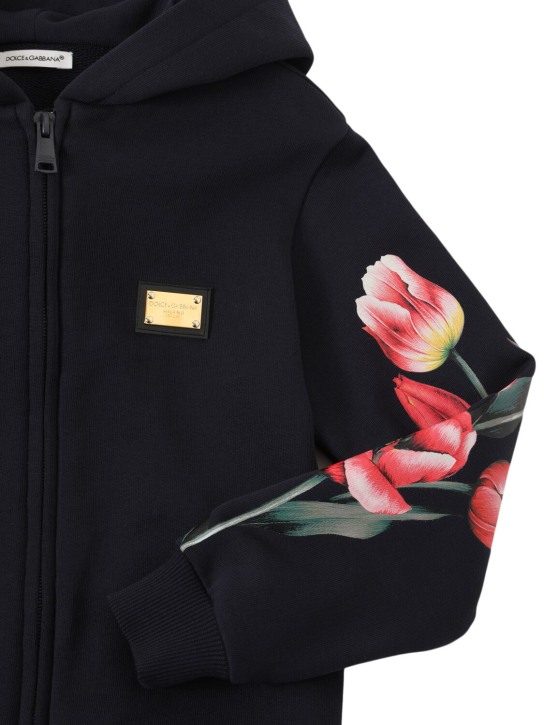 Dolce&Gabbana: Printed cotton zip-up sweatshirt w/ hood - Koyu Mavi - kids-girls_1 | Luisa Via Roma
