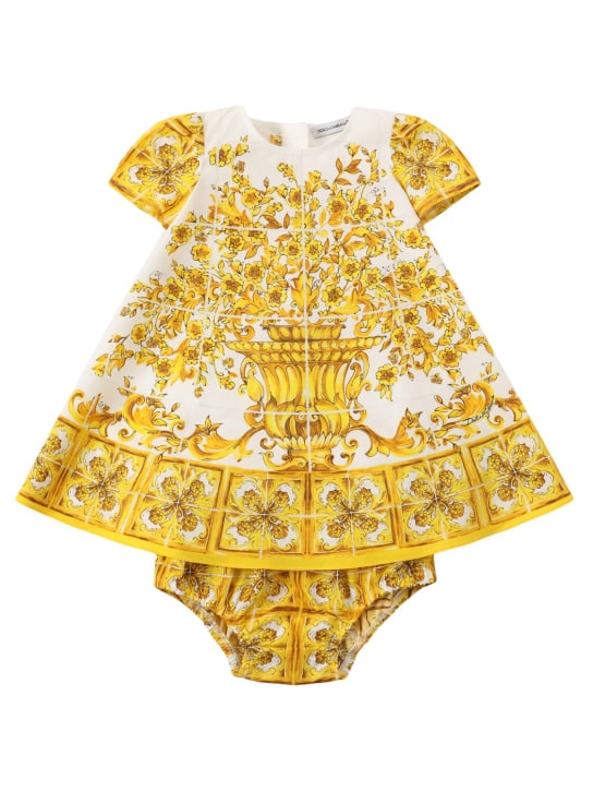 Dolce&Gabbana: Maiolica print cotton dress&diaper cover - Yellow - kids-girls_0 | Luisa Via Roma