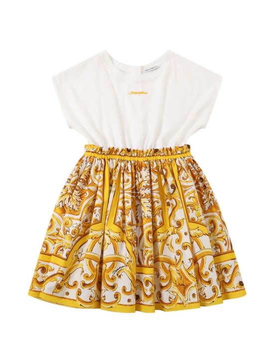 Dolce&Gabbana: Robe en jersey de coton imprimé Maiolica - Jaune/Blanc - kids-girls_0 | Luisa Via Roma