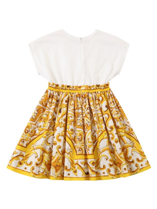 Dolce&Gabbana: Maiolica印花棉质平纹针织连衣裙 - 黄色/白色 - kids-girls_1 | Luisa Via Roma
