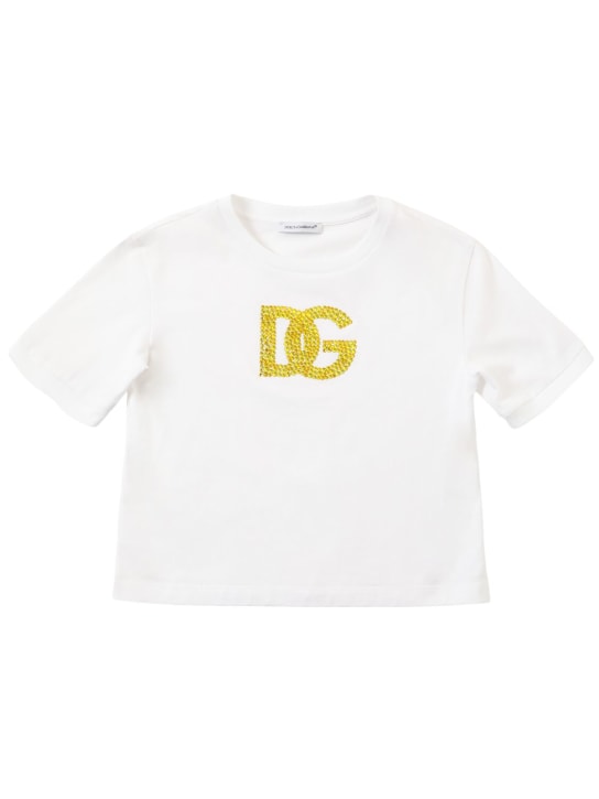 Dolce&Gabbana: 装饰logo棉质平纹针织T恤 - 白色 - kids-girls_0 | Luisa Via Roma