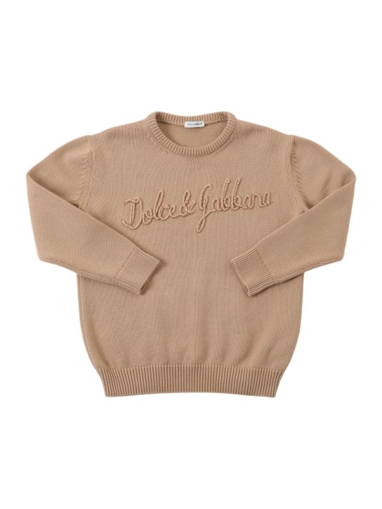 Dolce&Gabbana: Pull-over en maille de coton à logo brodé - Beige - kids-girls_0 | Luisa Via Roma