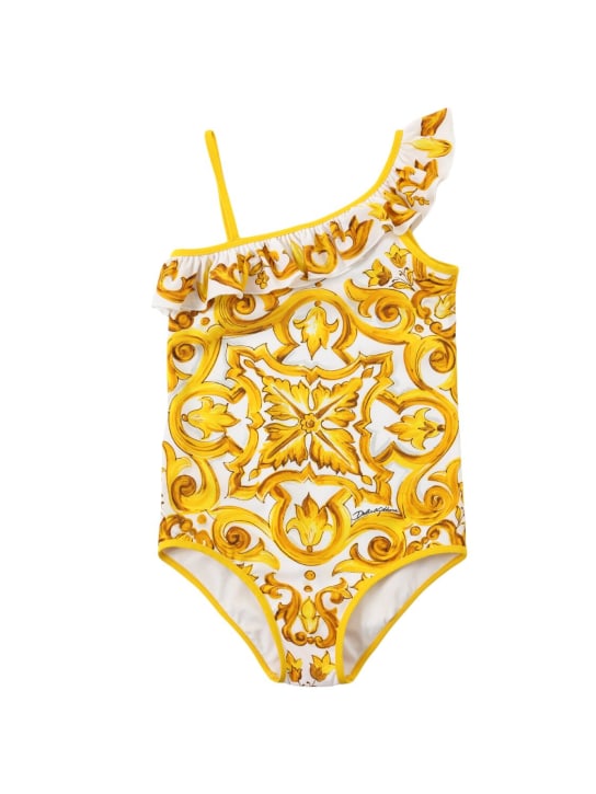 Dolce&Gabbana: Maiolica printed one-piece swimsuit - Sarı - kids-girls_0 | Luisa Via Roma