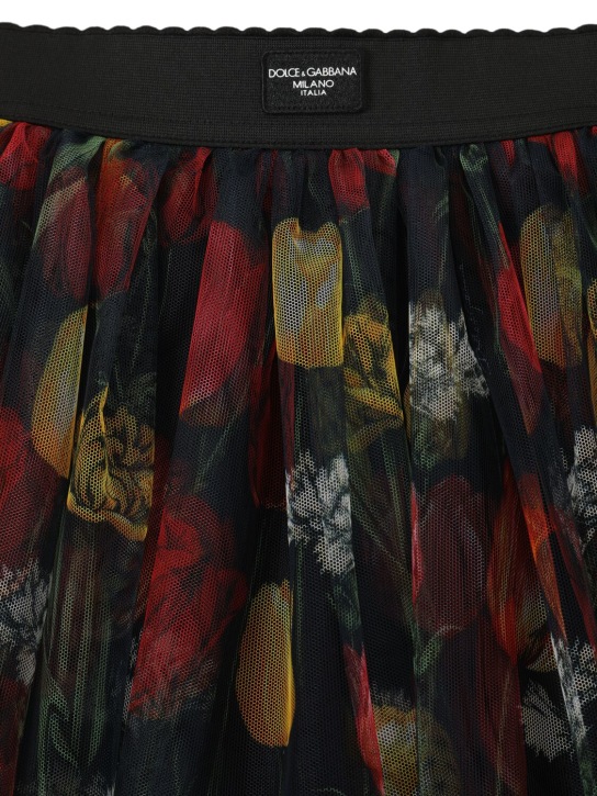 Dolce&Gabbana: Flowers print tulle mini skirt w/logo - Mavi/Renkli - kids-girls_1 | Luisa Via Roma