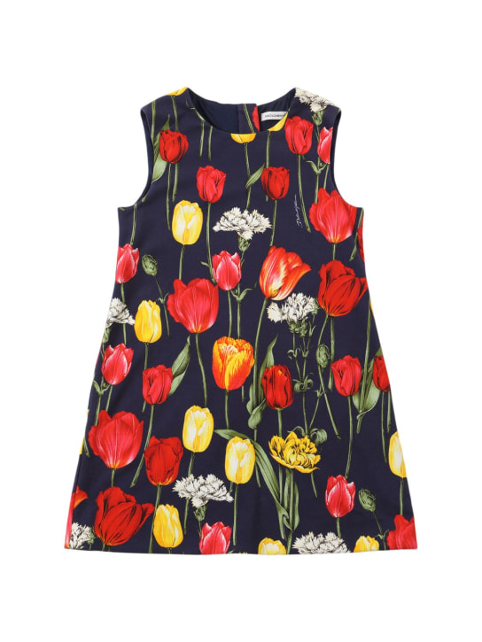 Dolce&Gabbana: Flowers print cotton interlock dress - Mavi/Renkli - kids-girls_0 | Luisa Via Roma