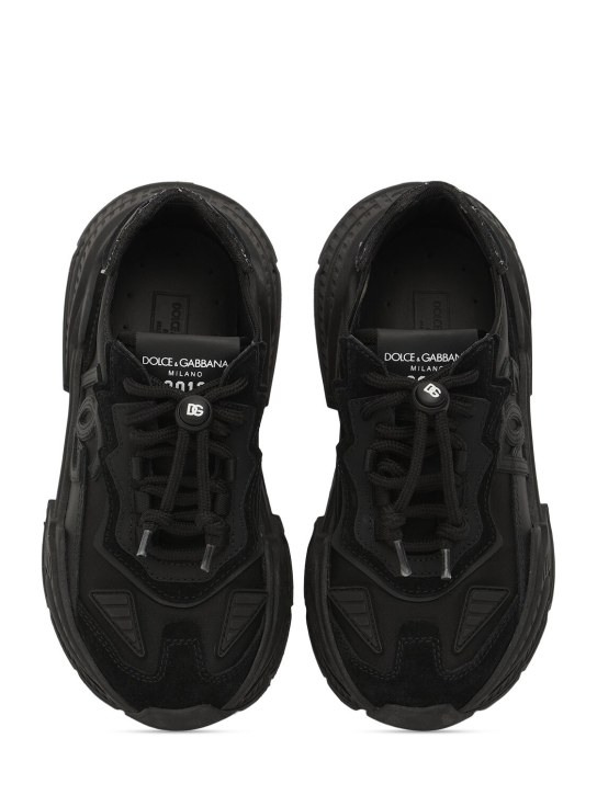 Dolce&Gabbana: Sneakers à lacets en cuir imprimé logo - Noir - kids-girls_1 | Luisa Via Roma