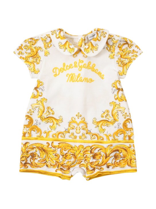 Dolce&Gabbana: Maiolica 프린트 코튼 저지 롬퍼 - 옐로우 - kids-girls_0 | Luisa Via Roma