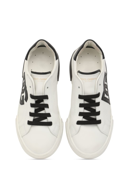 Dolce&Gabbana: Sneakers à lacets en cuir imprimé logo - Blanc/Noir - kids-girls_1 | Luisa Via Roma