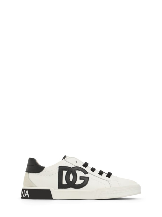 Dolce&Gabbana: Sneakers à lacets en cuir imprimé logo - Blanc/Noir - kids-girls_0 | Luisa Via Roma