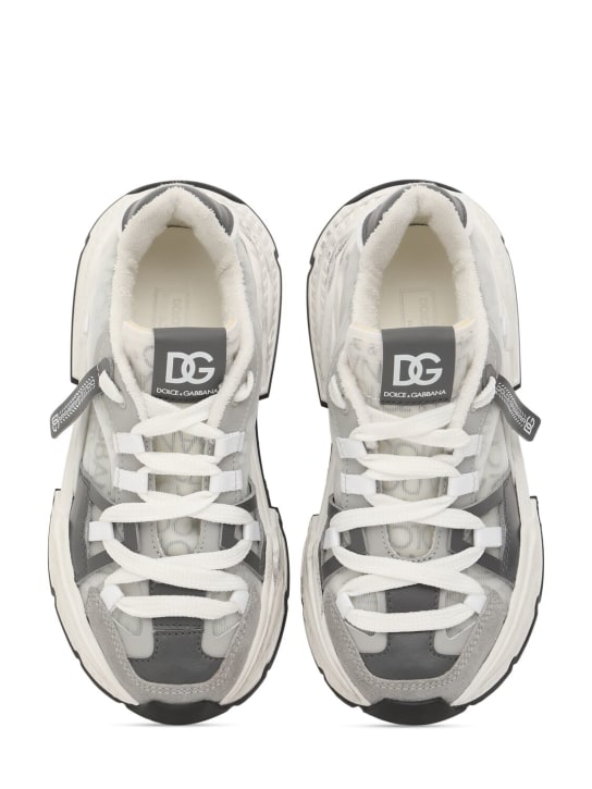 Dolce&Gabbana: Sneakers à lacets en cuir imprimé logo - Gris - kids-girls_1 | Luisa Via Roma