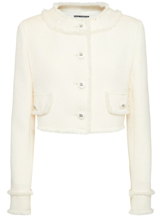 Dolce&Gabbana: Collarless tweed cropped jacket - Ivory - women_0 | Luisa Via Roma