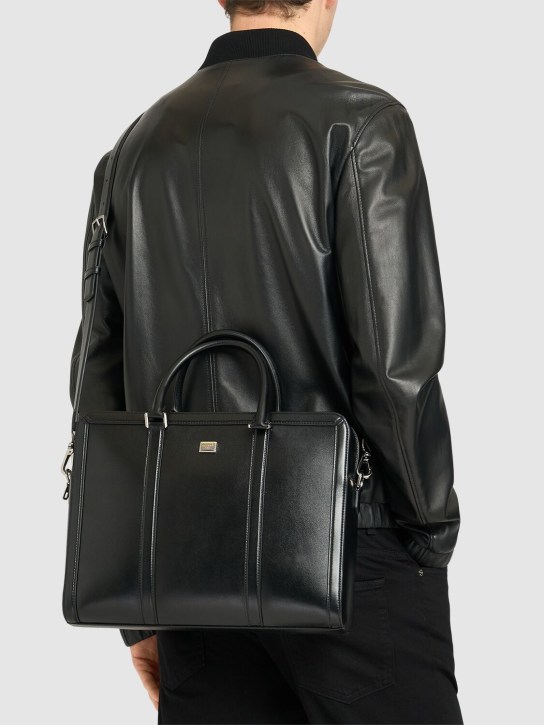 Dolce&Gabbana: Logo plaque leather briefcase - Black - men_1 | Luisa Via Roma