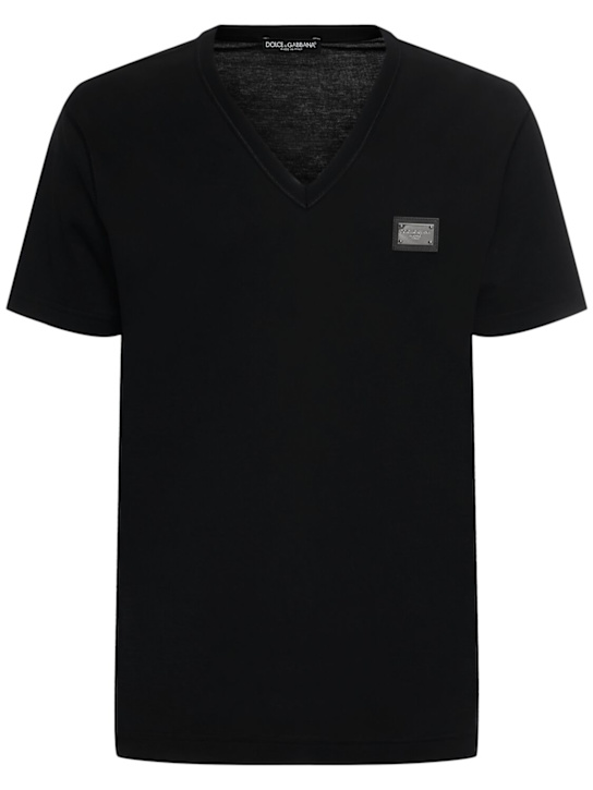 Dolce&Gabbana: T-shirt in cotone con scollo a V e logo - men_0 | Luisa Via Roma