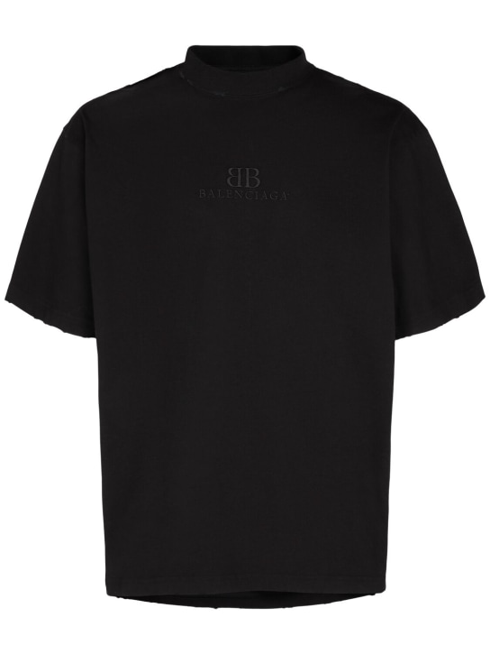 Balenciaga: T-Shirt aus Baumwolljersey mit Rissen - Washed Schwarz - men_0 | Luisa Via Roma