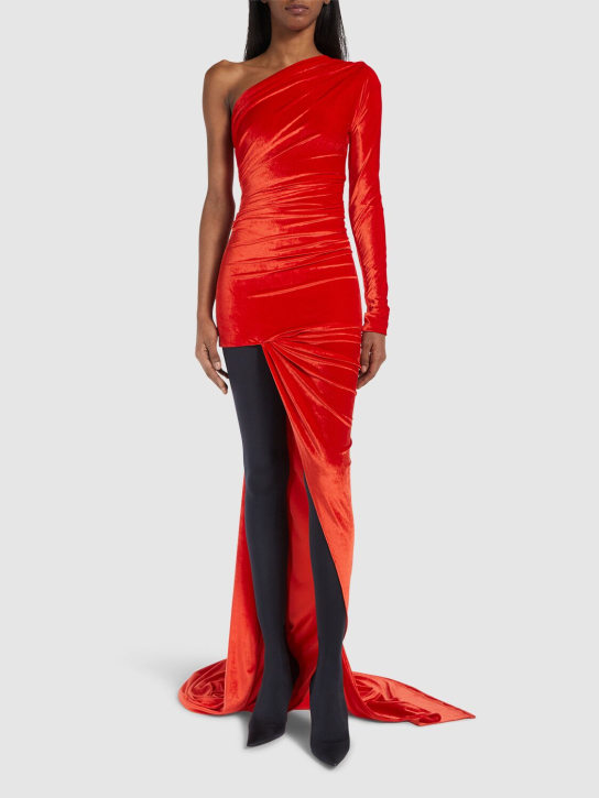 Balenciaga: Asymmetric fluid velvet jersey dress - Kırmızı - women_1 | Luisa Via Roma