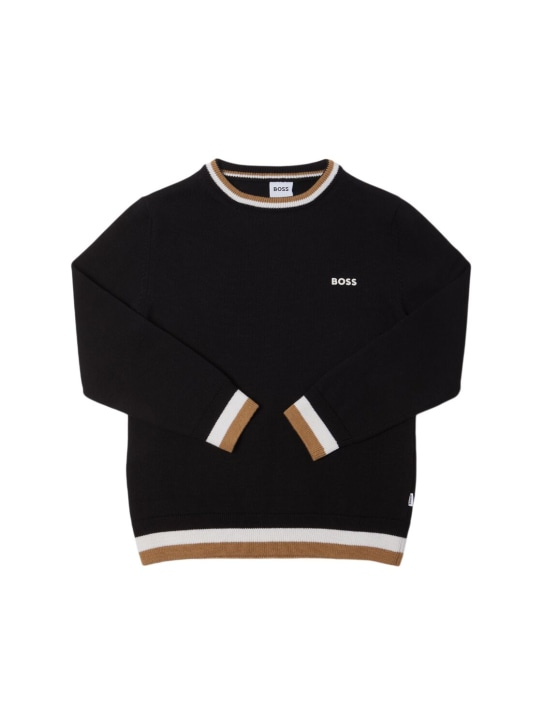 Boss: Cotton & wool knit sweater - Black - kids-boys_0 | Luisa Via Roma