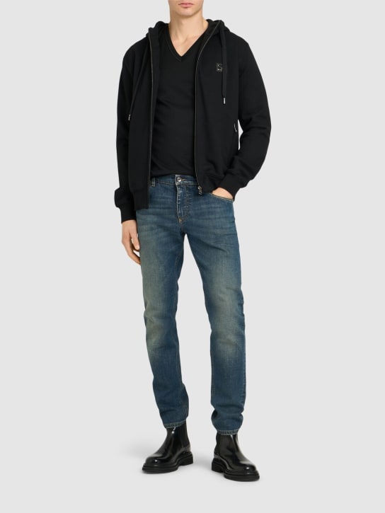 Dolce&Gabbana: Sweat-shirt zippé en jersey de coton à logo - Noir - men_1 | Luisa Via Roma