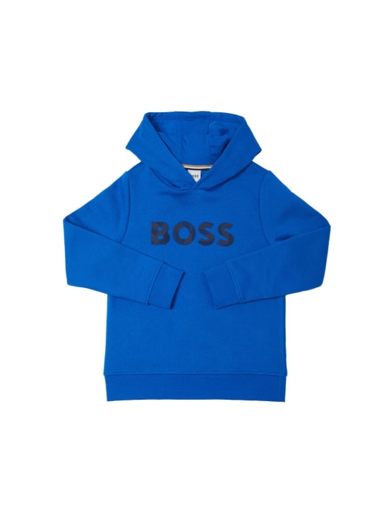 Boss: Sweat-shirt en coton mélangé brossé à capuche - Bleu - kids-boys_0 | Luisa Via Roma
