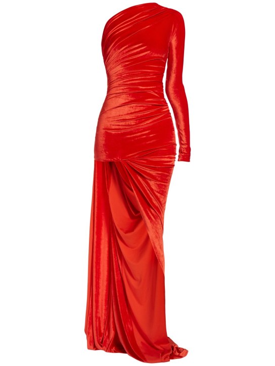 Balenciaga: Asymmetric fluid velvet jersey dress - Kırmızı - women_0 | Luisa Via Roma
