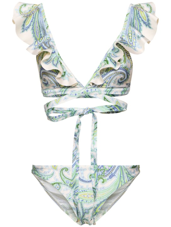 Zimmermann: Ottie lycra wrap ruffled bikini set - Green/Multi - women_0 | Luisa Via Roma