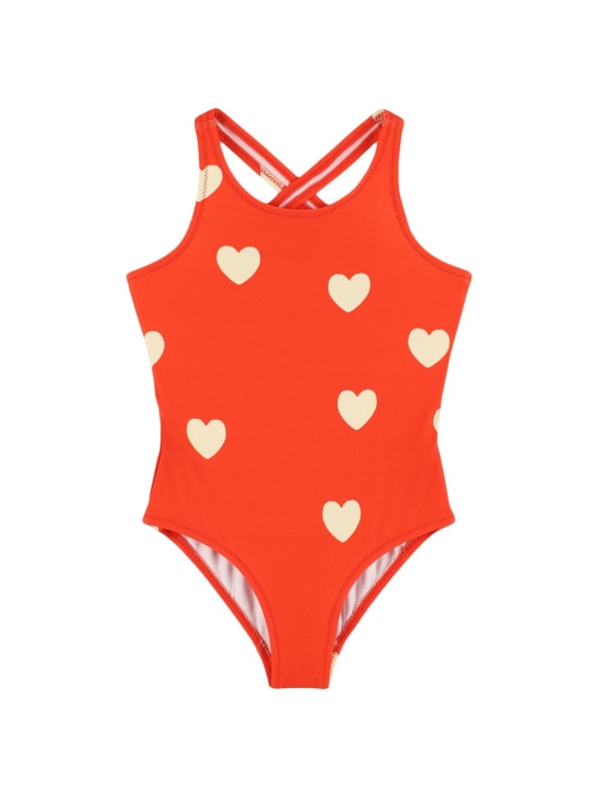 Mini Rodini: Heart print recycled poly swimsuit - Red - kids-girls_0 | Luisa Via Roma