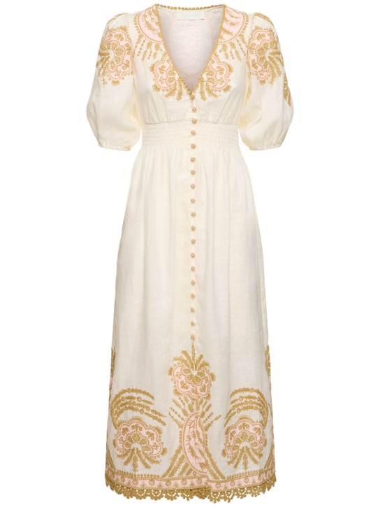 Zimmermann: Waverly linen embroidered long dress - Krem/Altın - women_0 | Luisa Via Roma