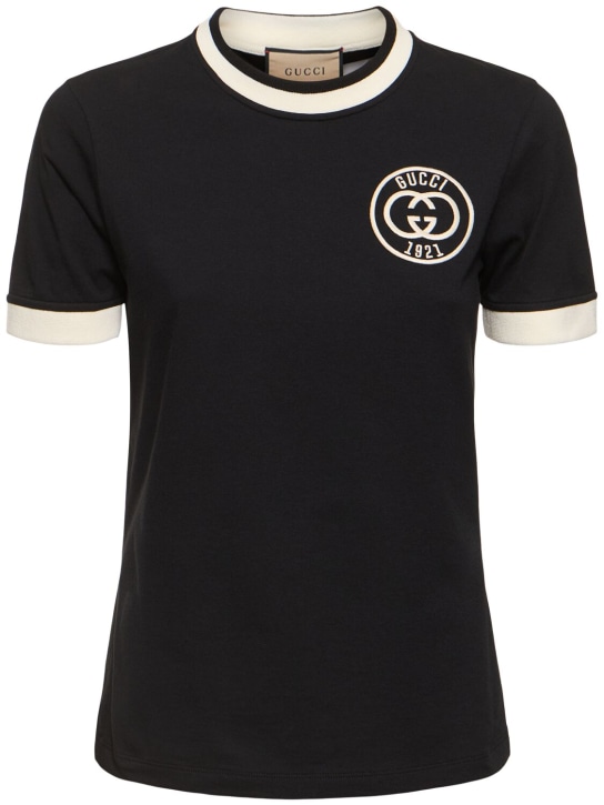 Gucci: T-Shirt aus Baumwolljersey mit Stickerei - Schwarz - women_0 | Luisa Via Roma