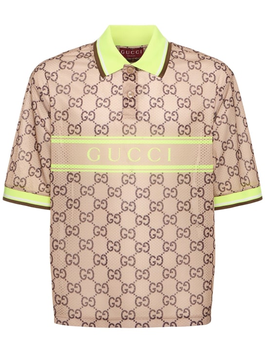 Gucci: Poloshirt aus Technostoff und Mesh mit Logo - Beige/Ebony - men_0 | Luisa Via Roma