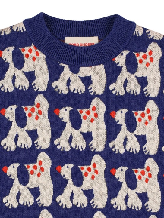 Bobo Choses: Dog print organic cotton knit sweater - White/Blue - kids-girls_1 | Luisa Via Roma