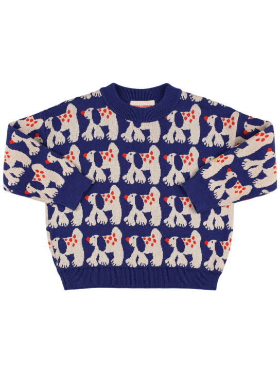 Bobo Choses: Dog print organic cotton knit sweater - White/Blue - kids-boys_0 | Luisa Via Roma
