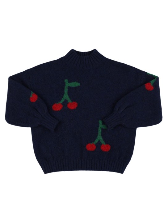 Bobo Choses: Cherry jacquard knit sweater - Dark Blue - kids-girls_0 | Luisa Via Roma
