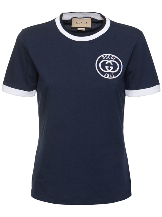 Gucci: Cotton jersey t-shirt w/ embroidery - Navy - women_0 | Luisa Via Roma
