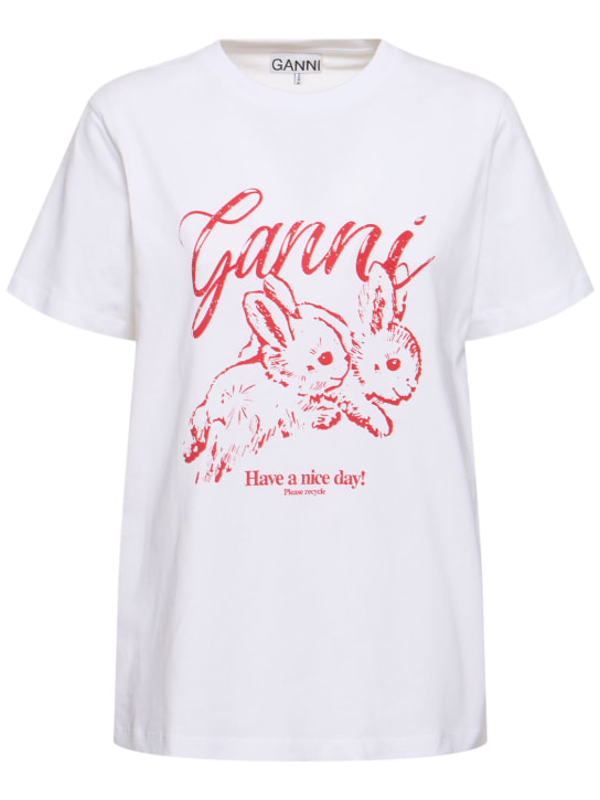 GANNI: Bunnies基本款平纹针织休闲T恤 - 白色 - women_0 | Luisa Via Roma