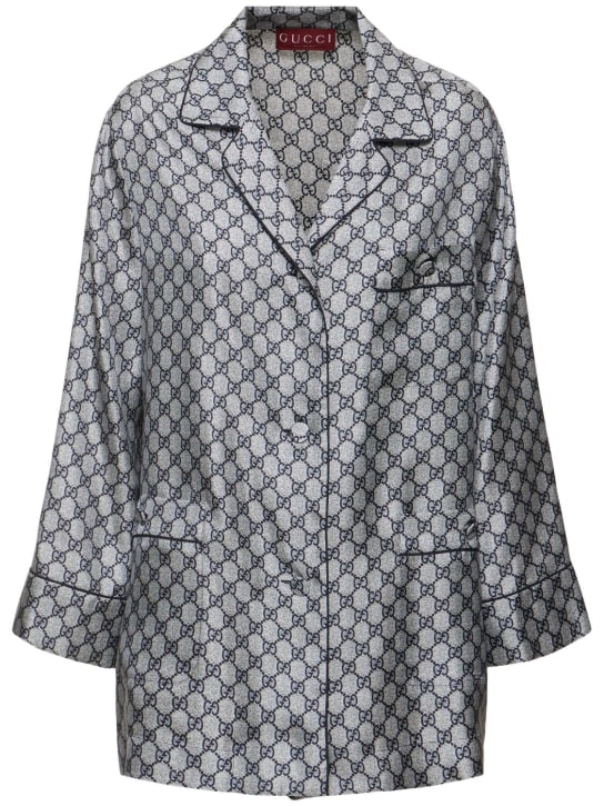 Gucci: GG Supreme silk shirt - Mavi/Beyaz - women_0 | Luisa Via Roma
