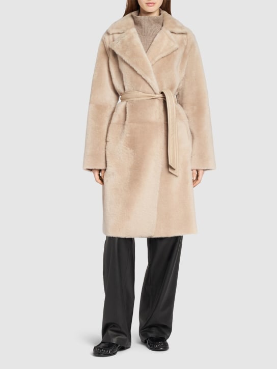 Max Mara: Ulzio belted furry short coat - Beige - women_1 | Luisa Via Roma