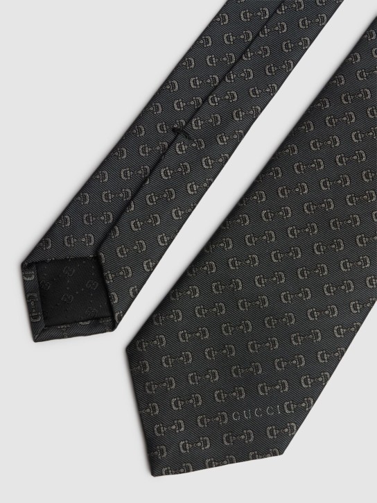 Gucci: 7cm Gubit silk tie - Siyah/Koyu gri - men_1 | Luisa Via Roma