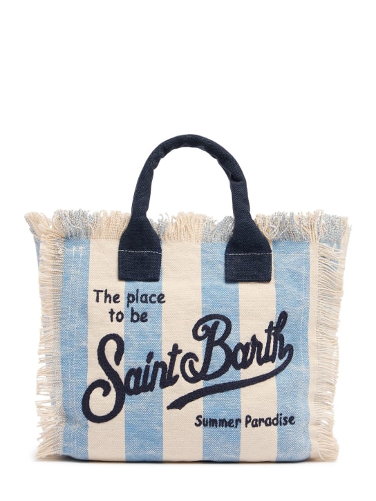 Mc2 Saint Barth: Logo print striped cotton handbag - Beyaz/Mavi - kids-girls_0 | Luisa Via Roma