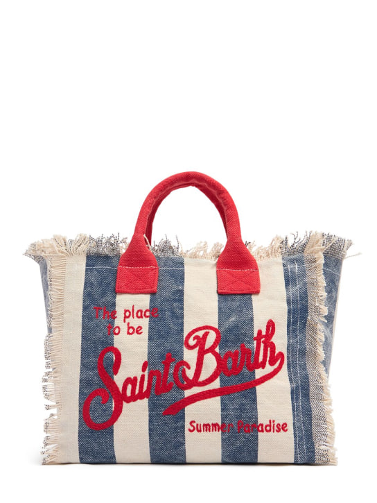 Mc2 Saint Barth: Logo print striped cotton handbag - Mavi/Beyaz - kids-girls_0 | Luisa Via Roma