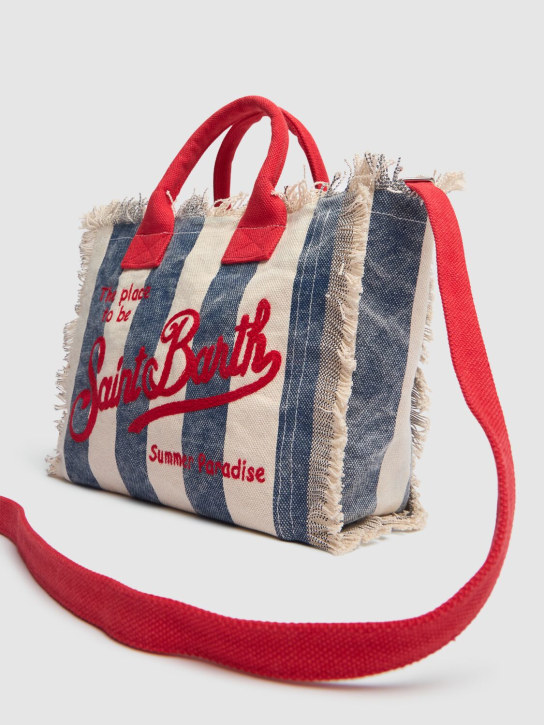 Mc2 Saint Barth: Logo print striped cotton handbag - Mavi/Beyaz - kids-girls_1 | Luisa Via Roma
